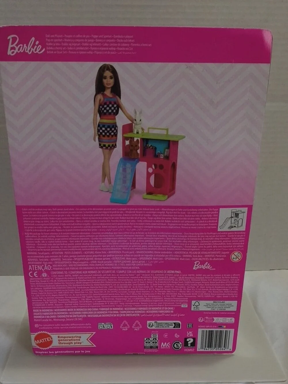 Barbie Rainbow & Black Check Dress Doll with Pink Pet Station
